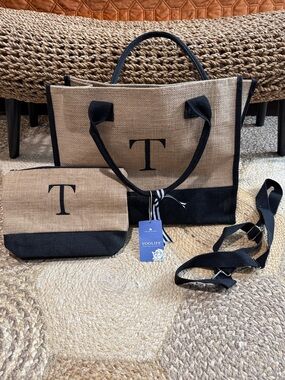 Neutral Black-Trimmed Jute Tote with Monogram Accent